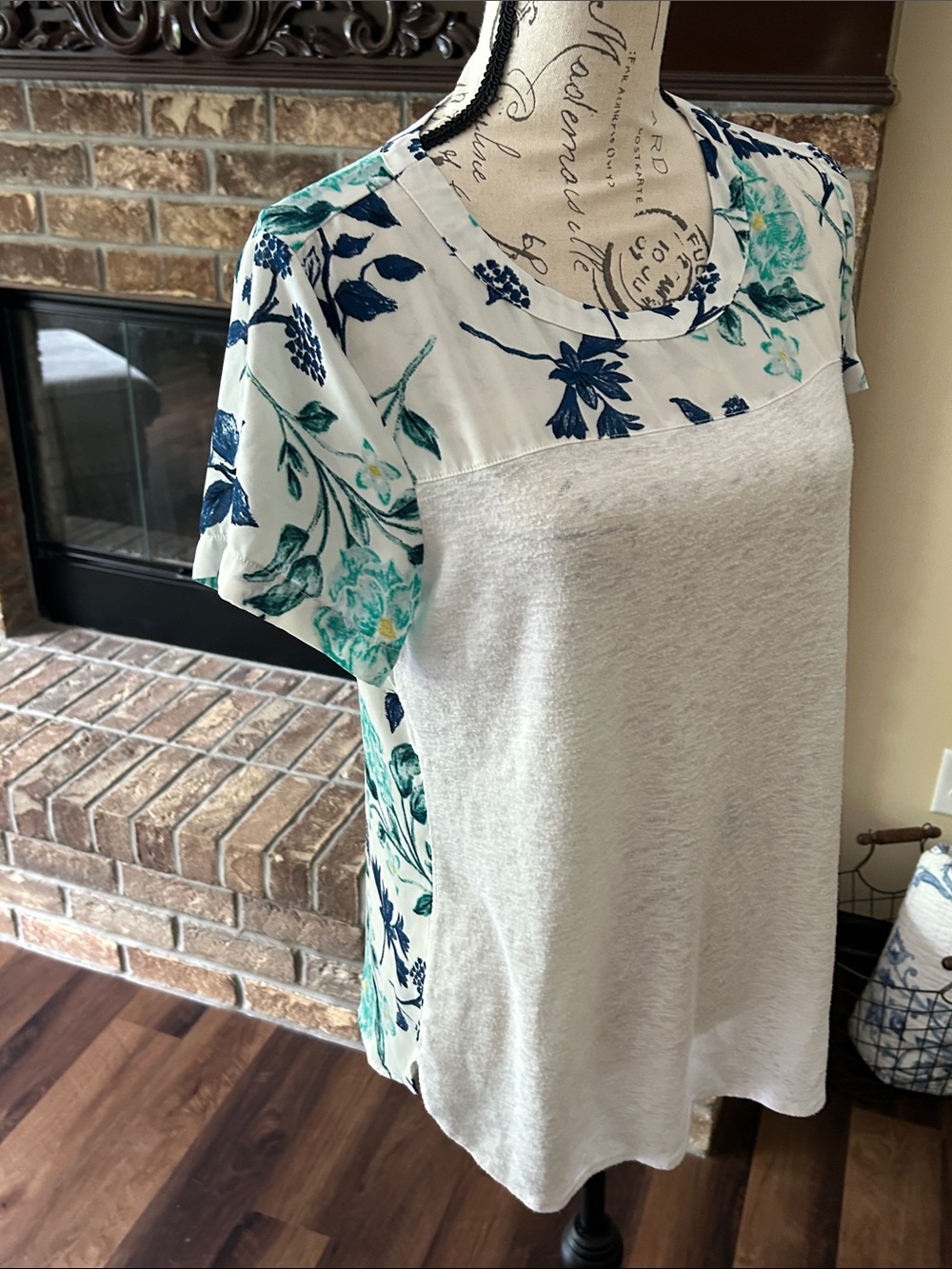Floral Panel Short Sleeve Top White Teal & Blue Medium - Picture 6 of 7